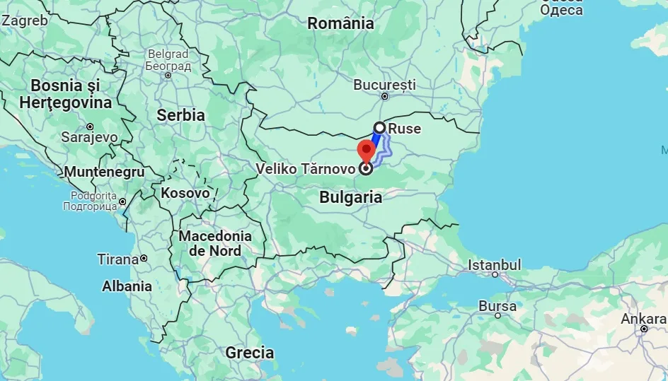 Harta care ilustrează traseul autostrăzii Ruse – Veliko Tărnovo în Bulgaria.
