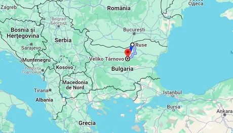 Harta care ilustrează traseul autostrăzii Ruse – Veliko Tărnovo în Bulgaria.