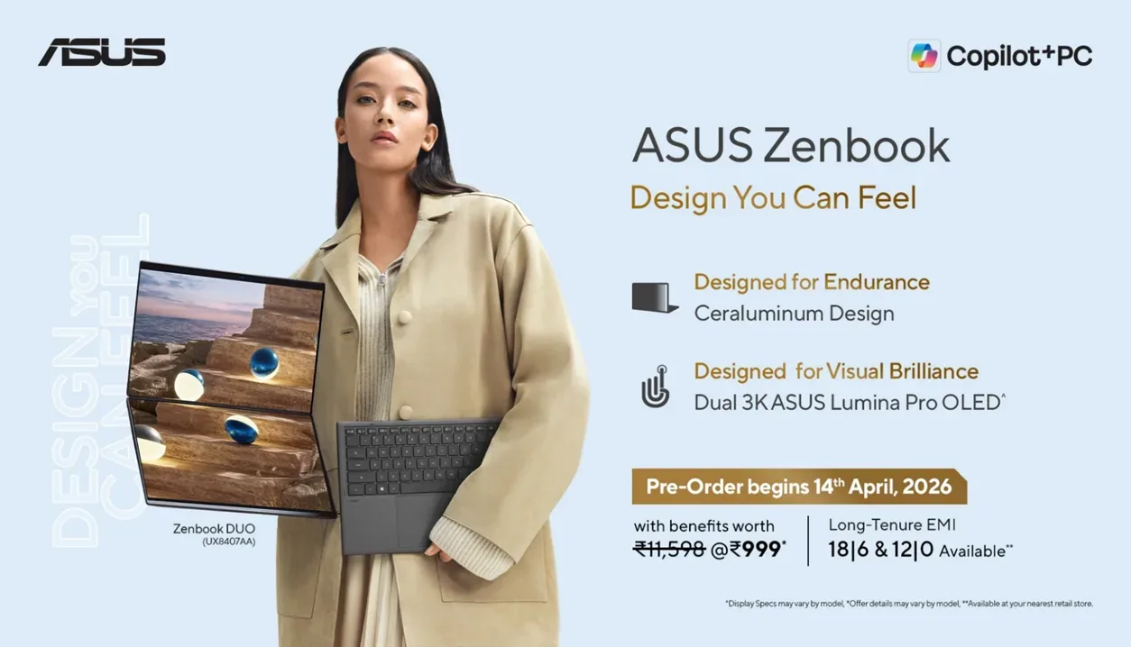 Laptop ASUS Zenbook cu design modern și ecran dual 3K.