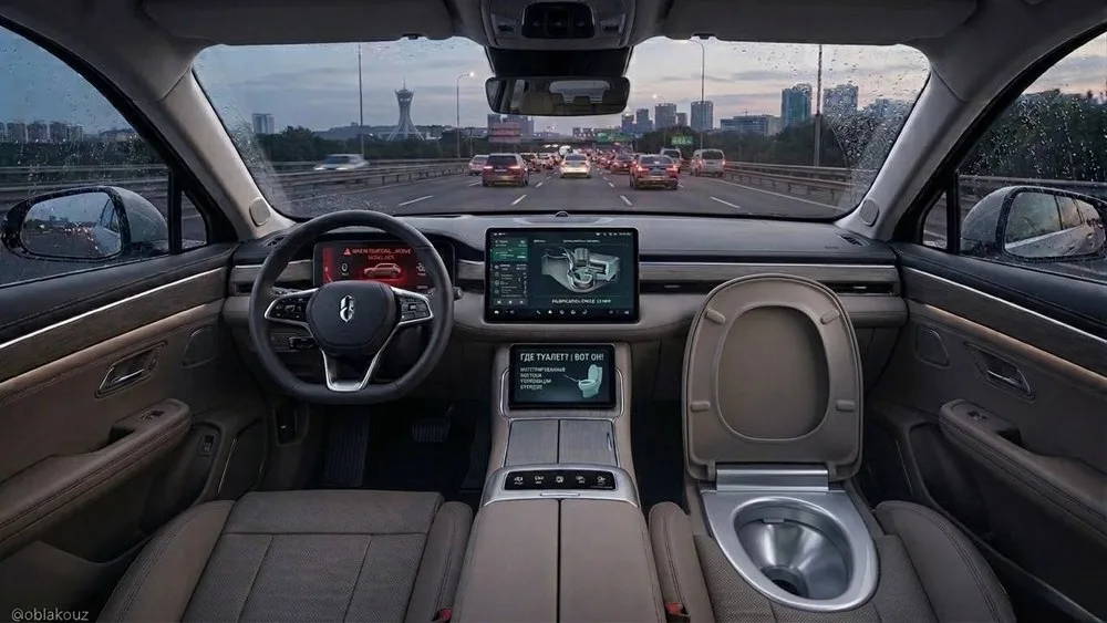 Interiorul unei mașini electrice cu toaletă integrată sub scaunul pasagerului.