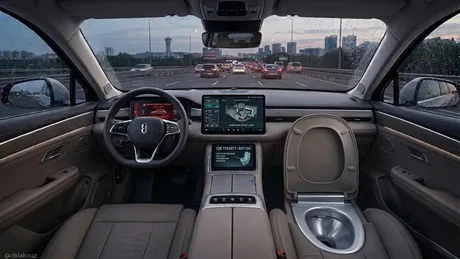 Interiorul unei mașini electrice cu toaletă integrată sub scaunul pasagerului.