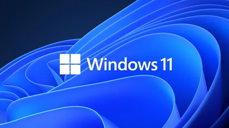 Logo Windows 11 pe un fundal albastru vibrant.