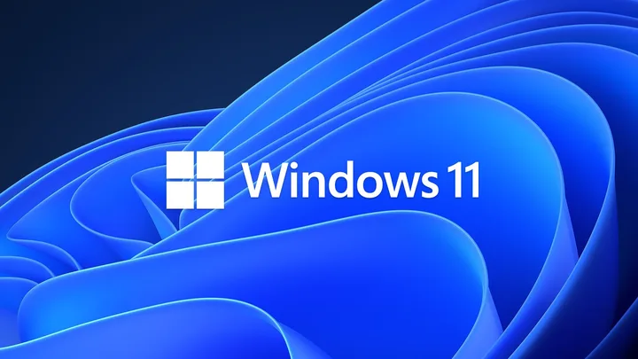 Logo Windows 11 pe un fundal albastru vibrant.