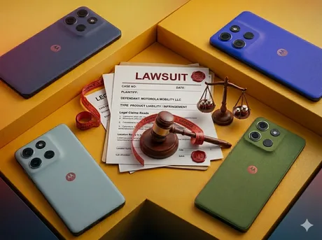 Smartphone-uri Motorola și documente legale pe un fundal colorat.