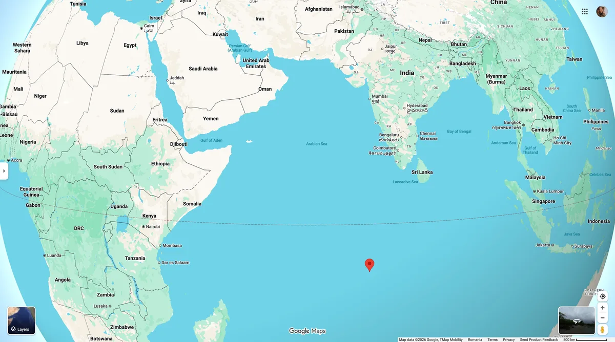 Harta care ilustrează locația bazei Diego Garcia în Oceanul Indian.