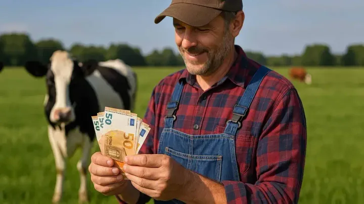Crescător de animale verificând bancnote pe câmp, cu vaci în fundal.
