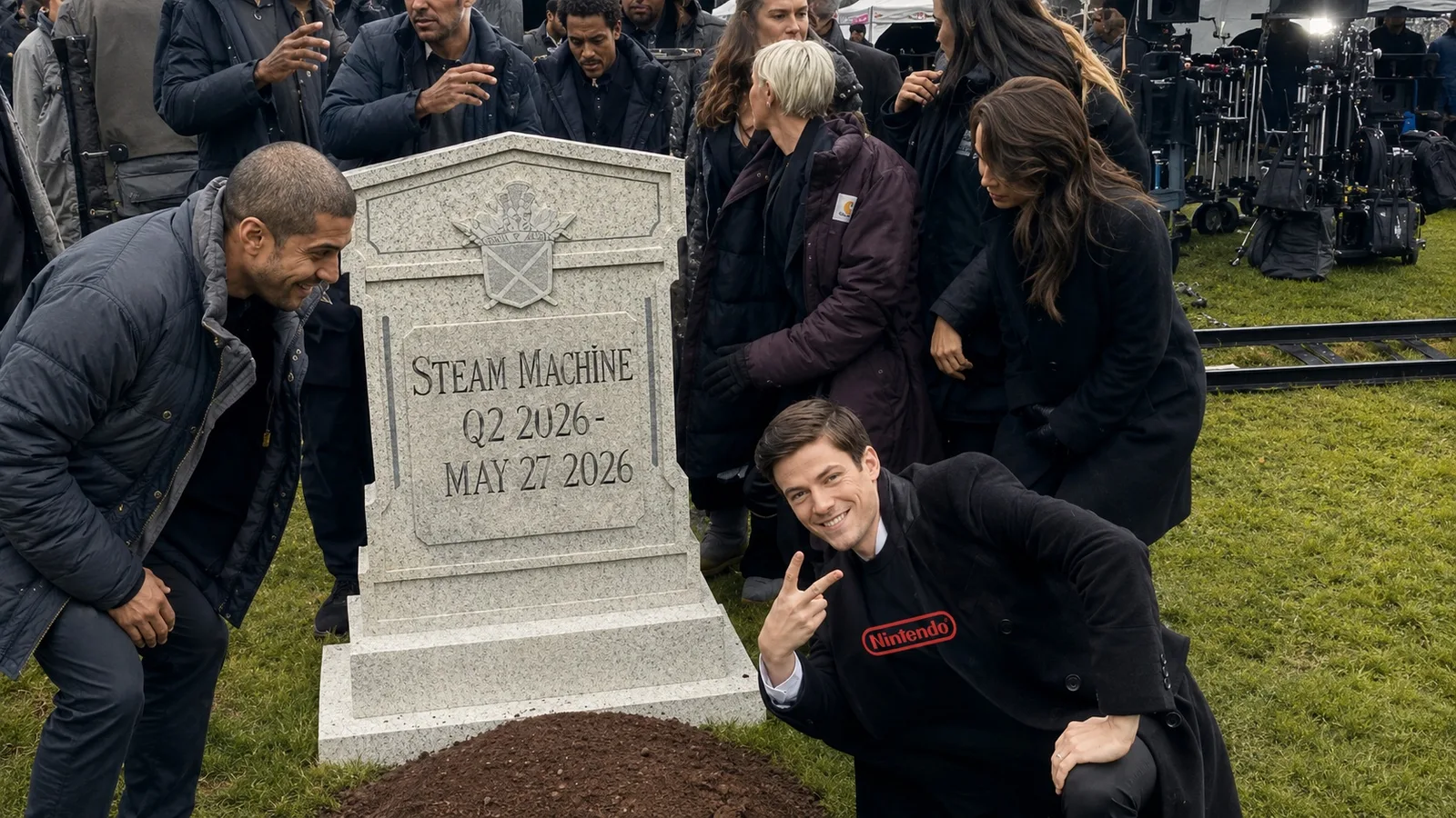 Fanii discută despre viitorul Steam Machine în fața unei pietre funerare simbolice.