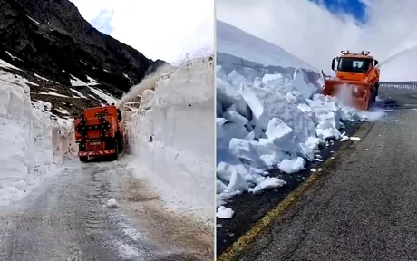 Utilaje de deszăpezire pe drumurile montane acoperite de zăpadă.