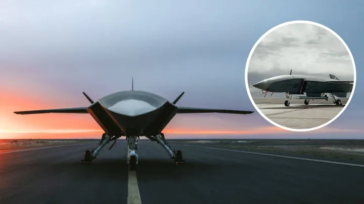 Aeronava fără pilot MQ-28 Ghost Bat pe pista de decolare la apus.