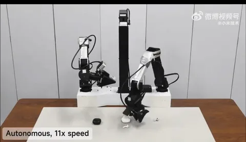 Robotul Xiaomi-Robotics-0 în acțiune, demonstrând precizie în manipularea căștilor.