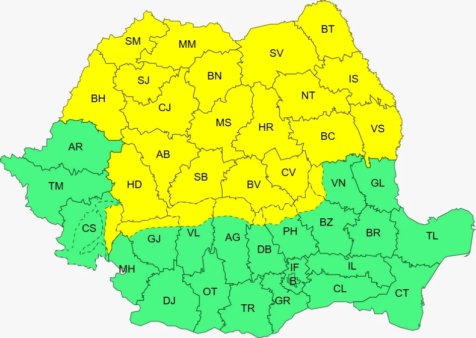 Harta avertizărilor meteorologice pentru România, cod galben activ.