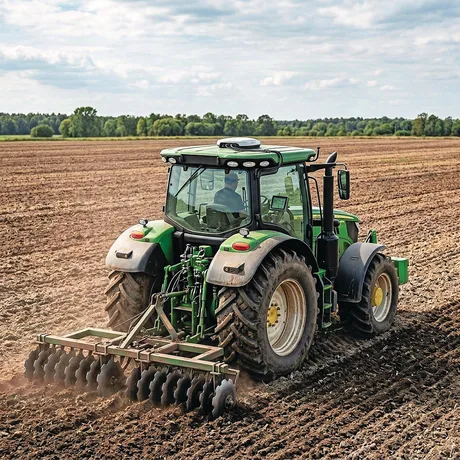 Tractor pe un câmp arat, utilizând tehnologie avansată pentru agricultură.