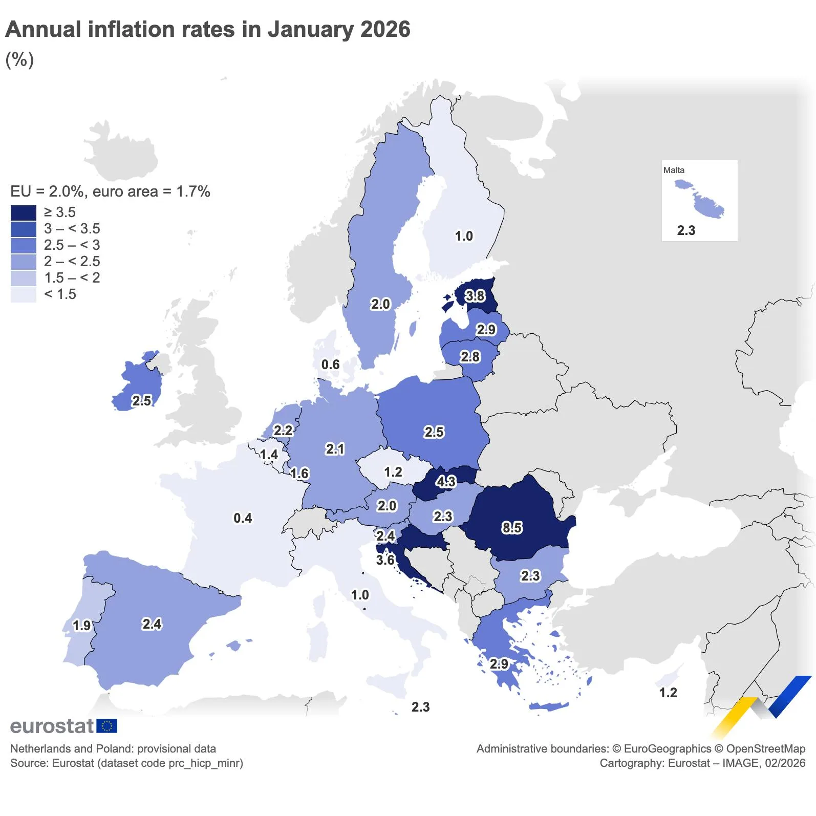 Harta Europei evidențiind inflația anuală din ianuarie 2026, cu România pe primul loc.