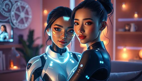 Două personaje futuriste, îmbrăcate în costume tehnologice, într-un decor modern și luminos.