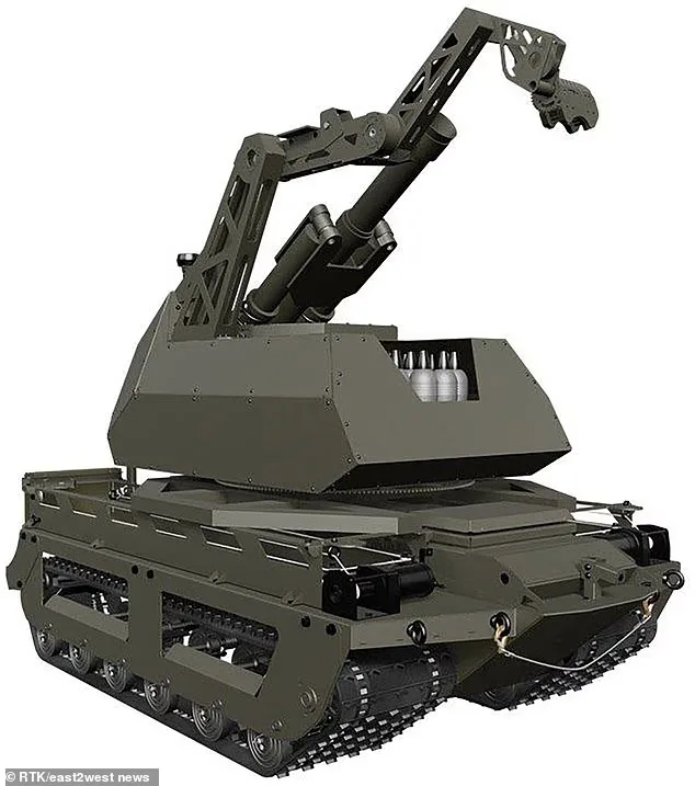 Robot de luptă cu mortieră automată în testare pe teren acoperit de zăpadă.