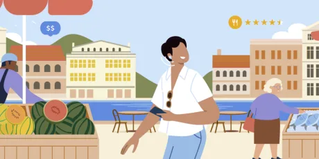 Utilizator bucurându-se de o plimbare pe malul apei, admirând peisajul urban.