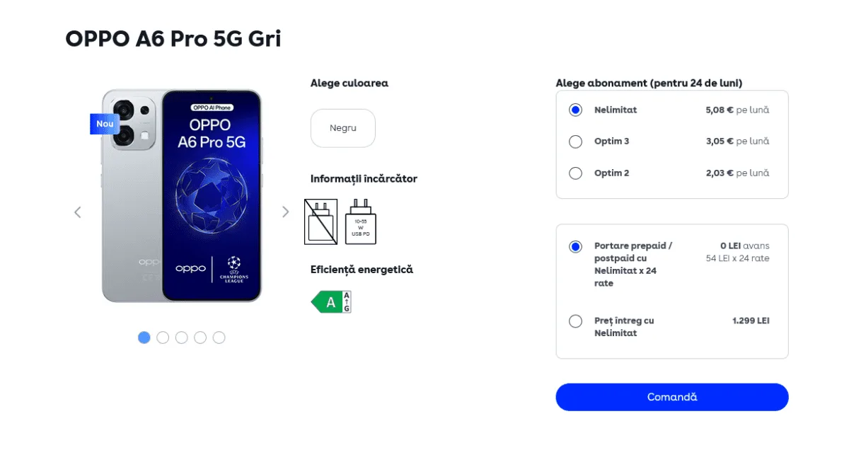 Oppo A6 Pro 5G disponibil prin Digi Mobil cu opțiuni de finanțare.