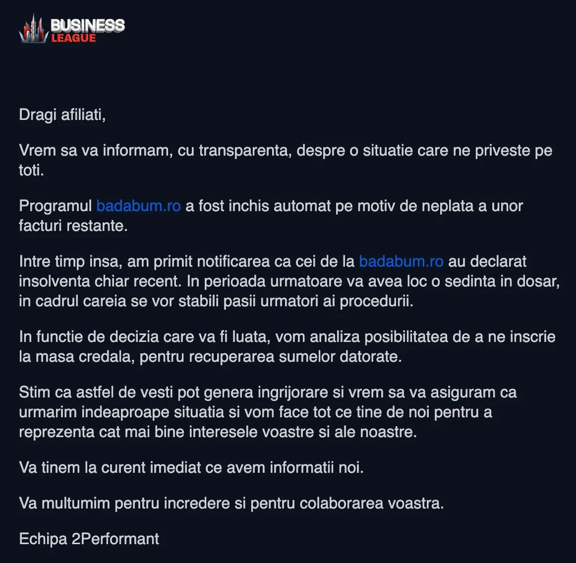Notificare despre insolvența magazinului Badabum.ro și programul de afiliere.