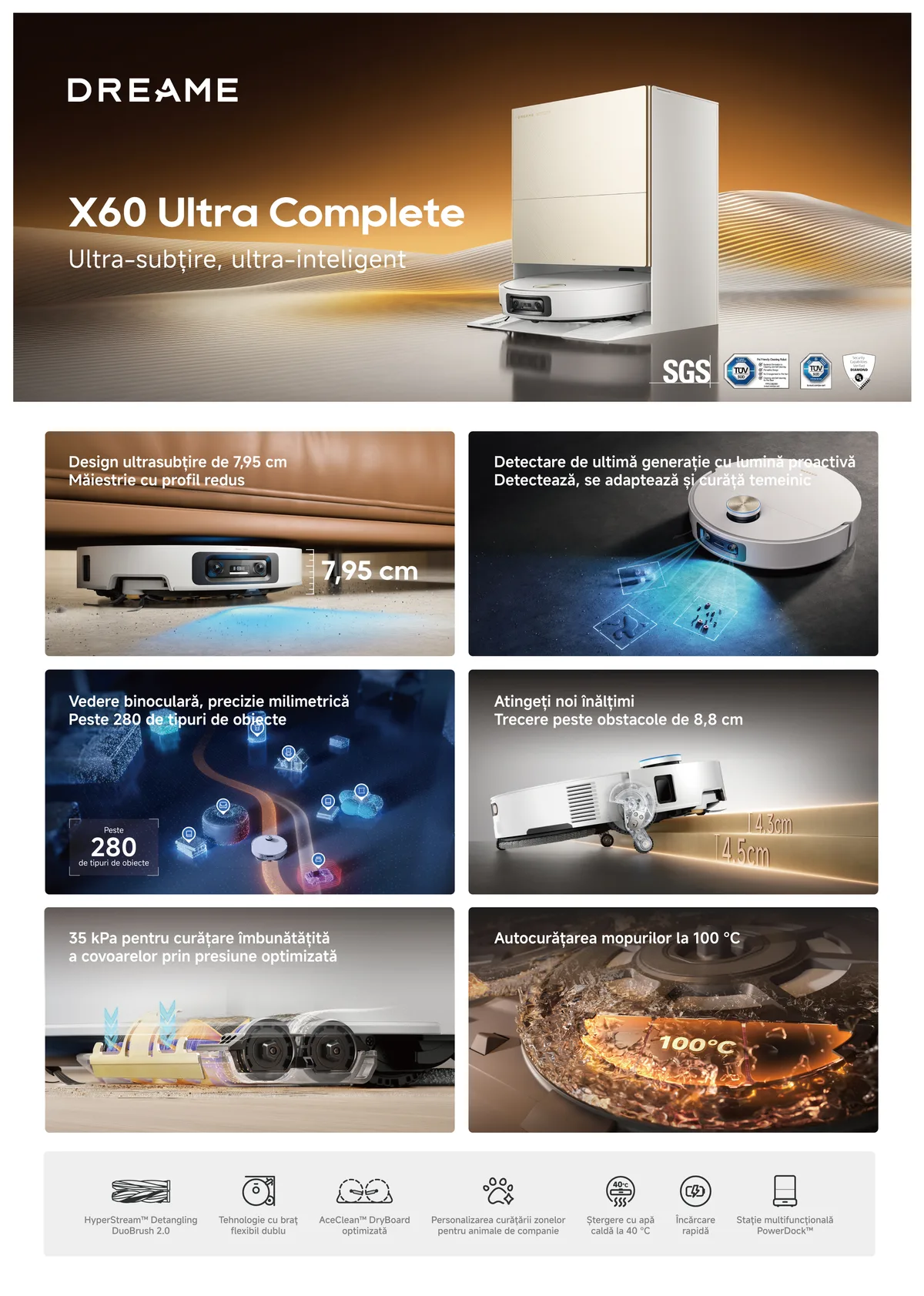 Specificațiile tehnice ale modelului X60 Ultra Complete, inclusiv puterea de aspirare.