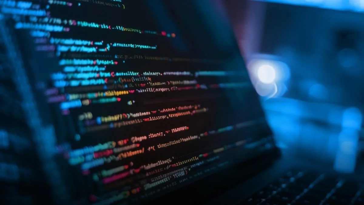 Cod sursă pe un laptop, simbolizând integrarea AI în companii.