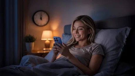 Femeie zâmbitoare folosind un smartphone în pat, în lumină caldă.