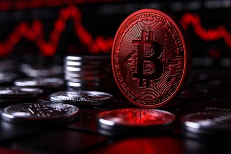 Monede Bitcoin pe un fundal întunecat, simbolizând fluctuațiile pieței crypto.