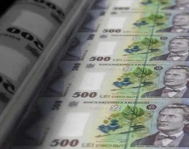 Bancnote de lei românești aranjate pe un suport, evidențiind moneda națională.