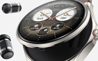 Ceas inteligent cu căști integrate, design modern și funcții avansate de sănătate.