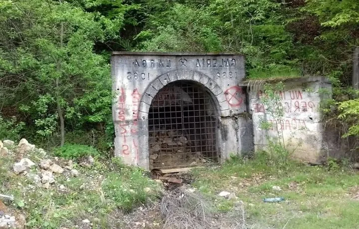 Intrarea unei mine abandonate în Valea Leucii, înconjurată de vegetație densă.