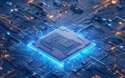 Circuit integrat iluminat pe un fundal tehnologic complex.