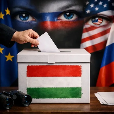 O mână introduce un vot într-o urnă electorală, cu steaguri pe fundal.