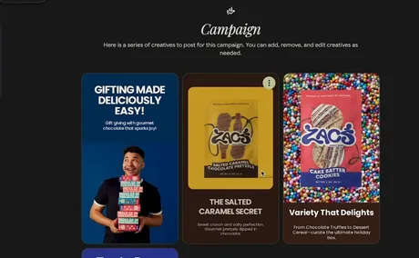 Interfața Pomelli cu exemple de campanii publicitare personalizate pentru afaceri mici.