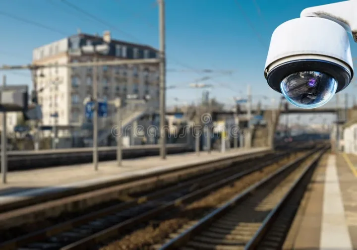 Cameră de supraveghere pe o gară, cu trenuri în fundal.