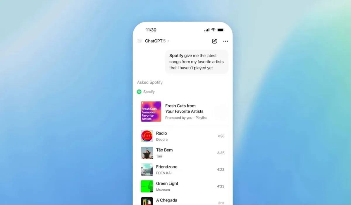Interfața ChatGPT cu integrarea Spotify pentru playlisturi muzicale.