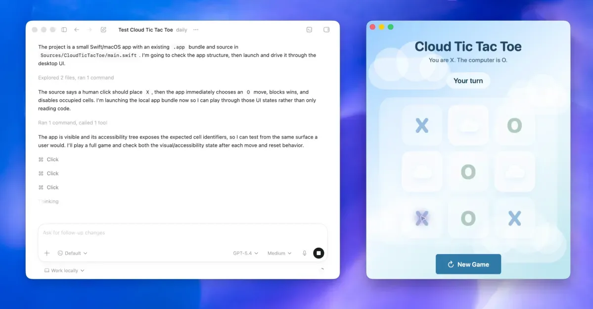 Interfață de utilizare pentru un joc de Tic Tac Toe pe macOS.