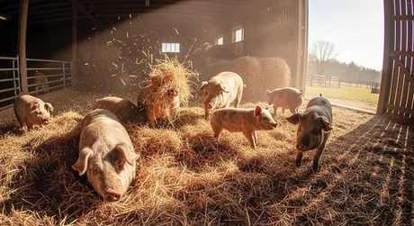 Porci într-o fermă mare din Harghita, cu un mediu natural și îngrijire adecvată.