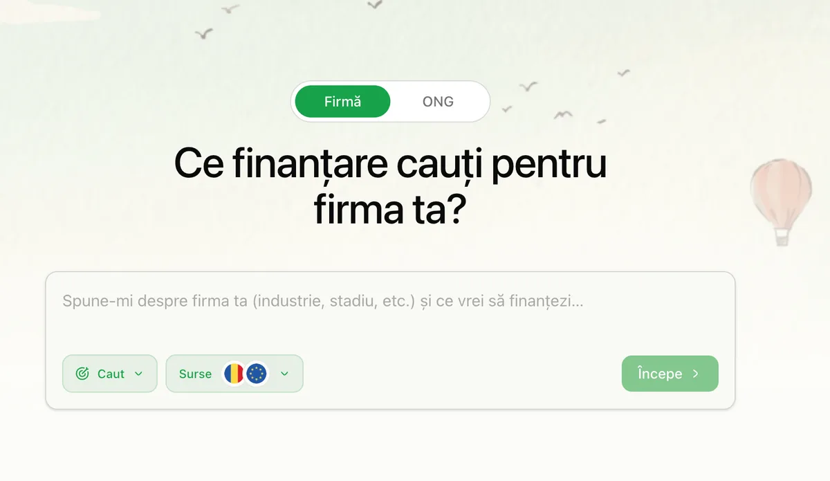 Interfața platformei Finantari.AI pentru accesarea fondurilor.