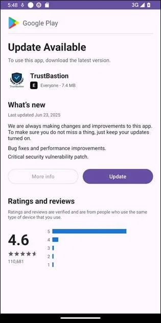 Ecran de actualizare pentru aplicația TrustBastion pe Google Play.