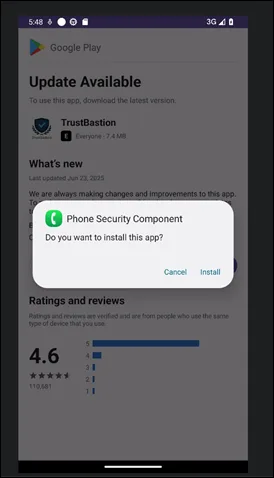 Mesaj de instalare pentru componenta de securitate a telefonului.