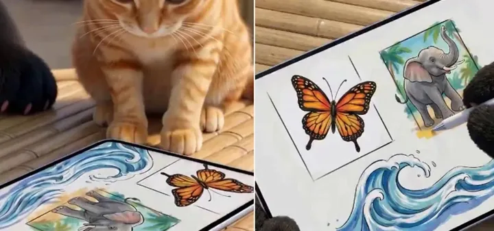 Pisica interacționează cu desene pe o tabletă, explorând creativitatea.