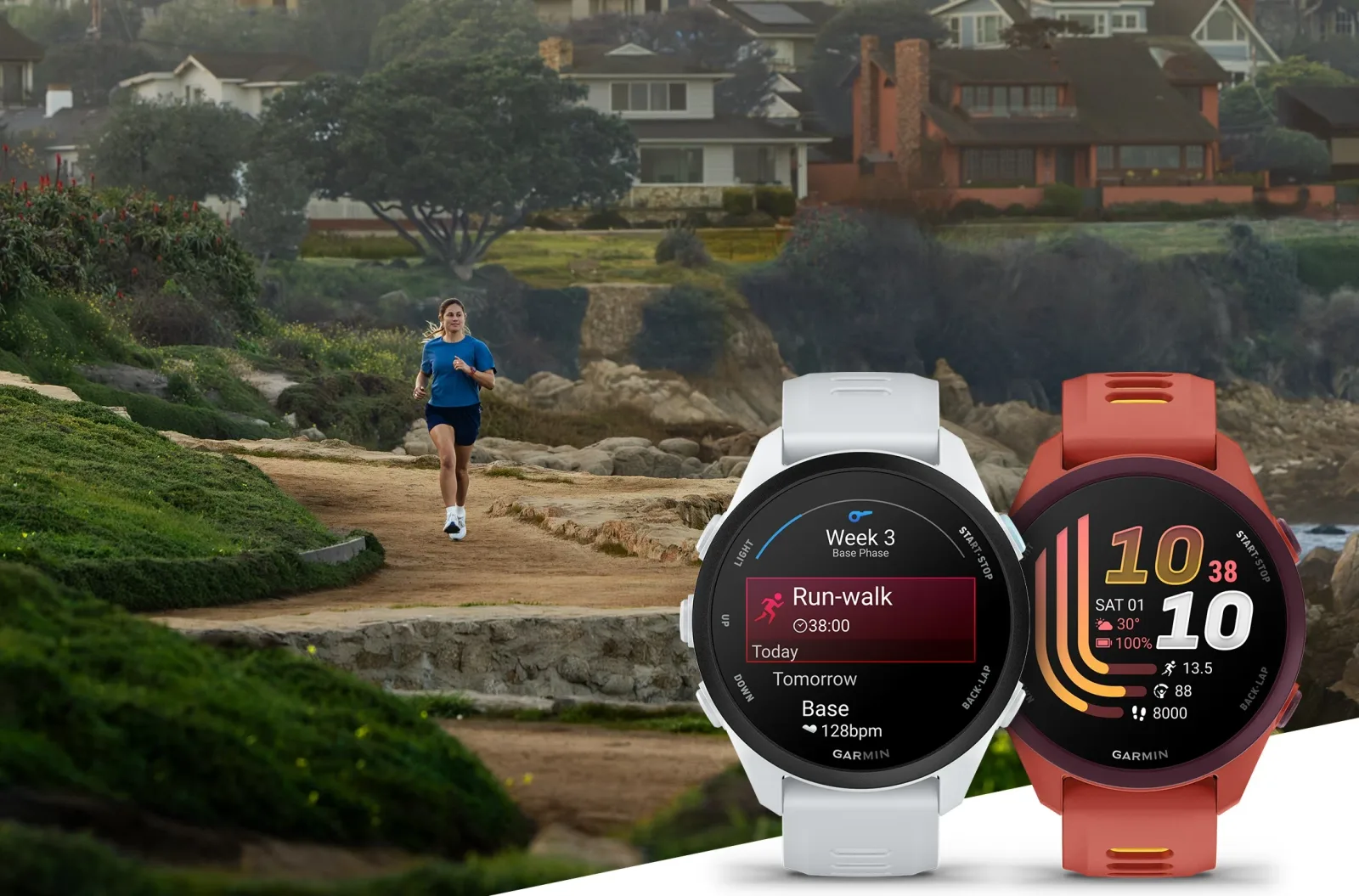 Ceasuri de alergare Garmin Forerunner 70 și 170 pe un fundal natural.