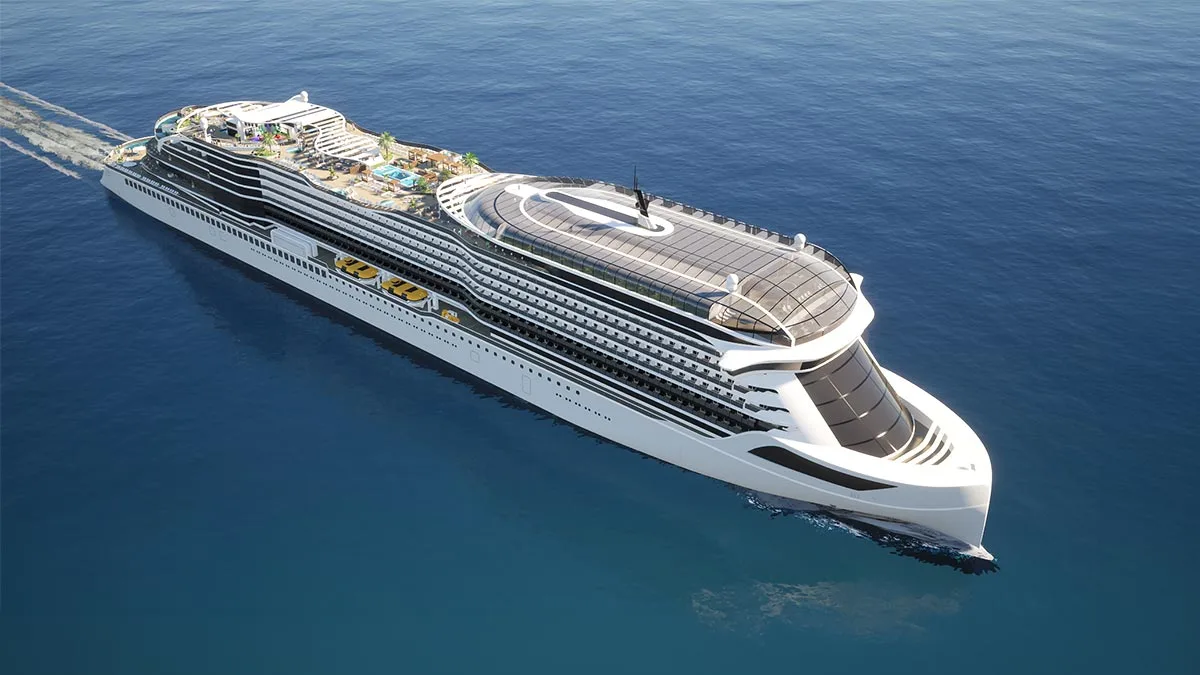 Nava electrică de croazieră dezvoltată de Meyer Werft pe fundal marin.