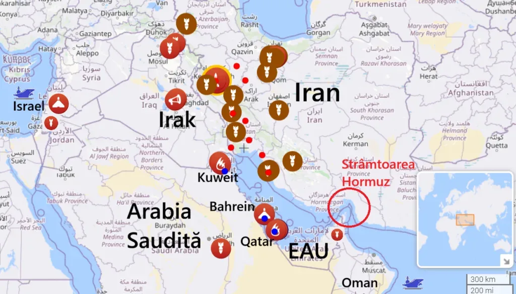 Harta regiunii Strâmtorii Hormuz cu puncte de interes și conflicte recente.