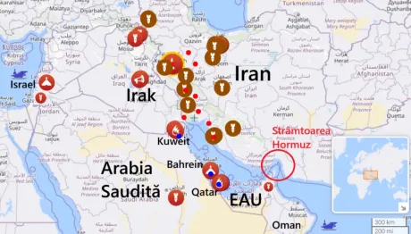 Harta regiunii Strâmtorii Hormuz cu puncte de interes și conflicte recente.