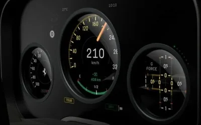 Panou de bord digital cu ecrane OLED pentru Ferrari Luce, evidențiind informații de viteză și forță.