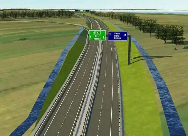 Viziune asupra Autostrăzii Moldovei, cu indicatoare și peisaj verde.