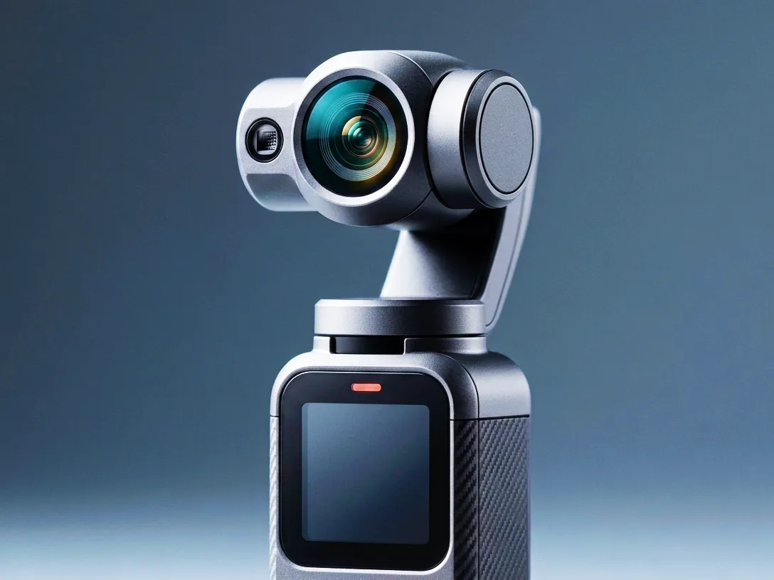 Dispozitiv gimbal portabil cu design modern și obiectiv avansat.