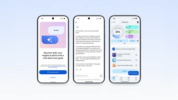Interfața aplicației Google Health Coach cu recomandări personalizate pentru utilizatori.