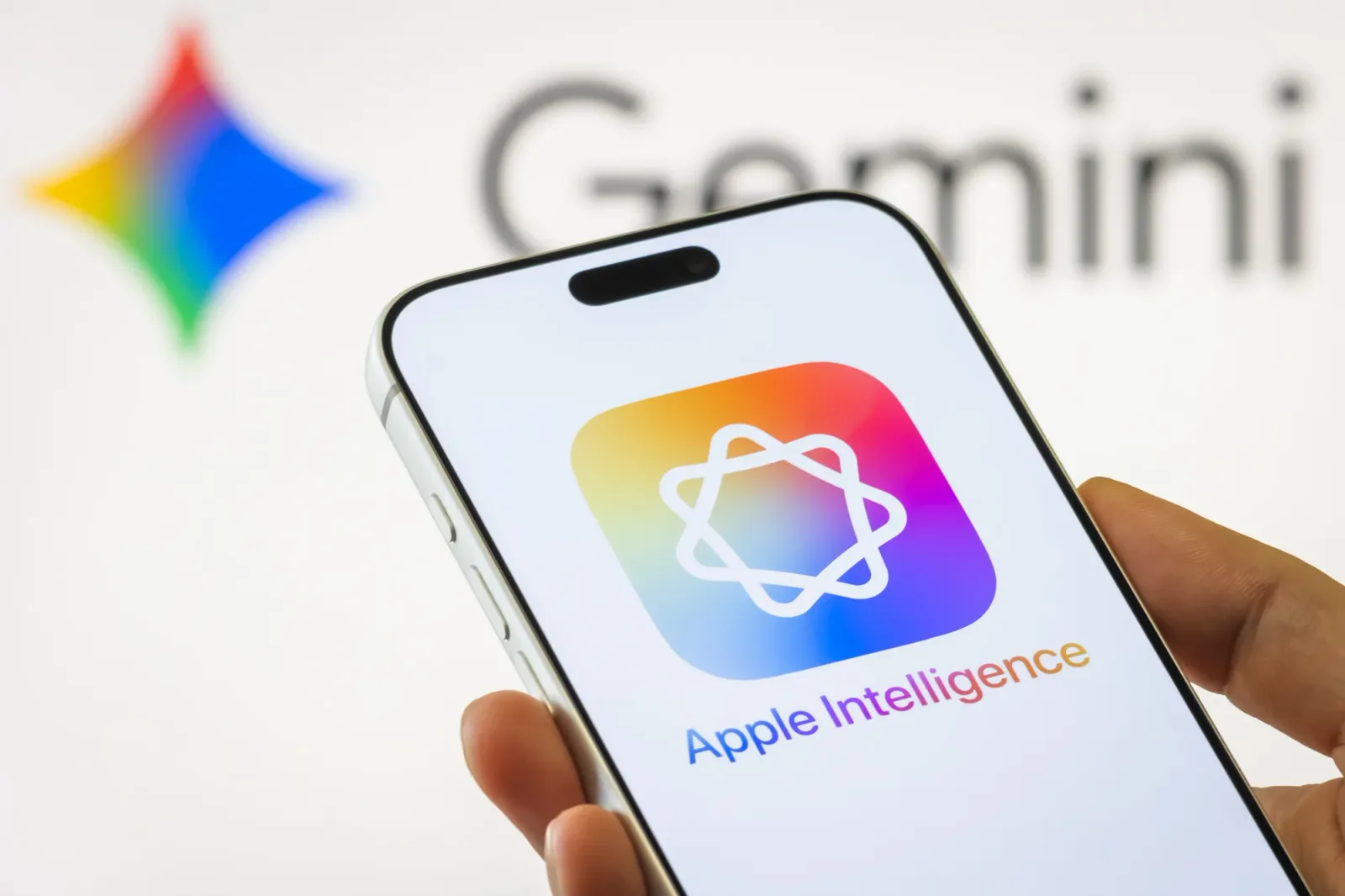 Logo-ul Apple Intelligence pe un iPhone, evidențiind tehnologia Gemini.