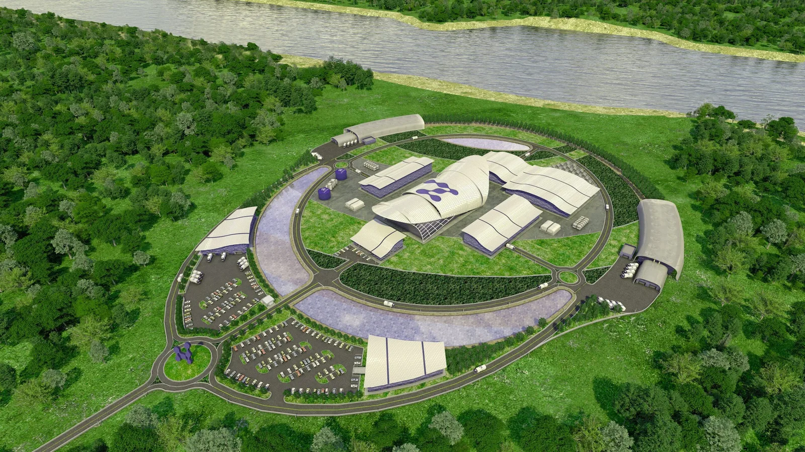 Viziune artistică a unui proiect de reactor nuclear modular în natură.